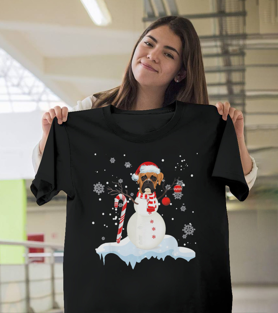 BullMastiff with Santa Hat as Snowman Holding Candy Cane with Snowflakes T-Shirt