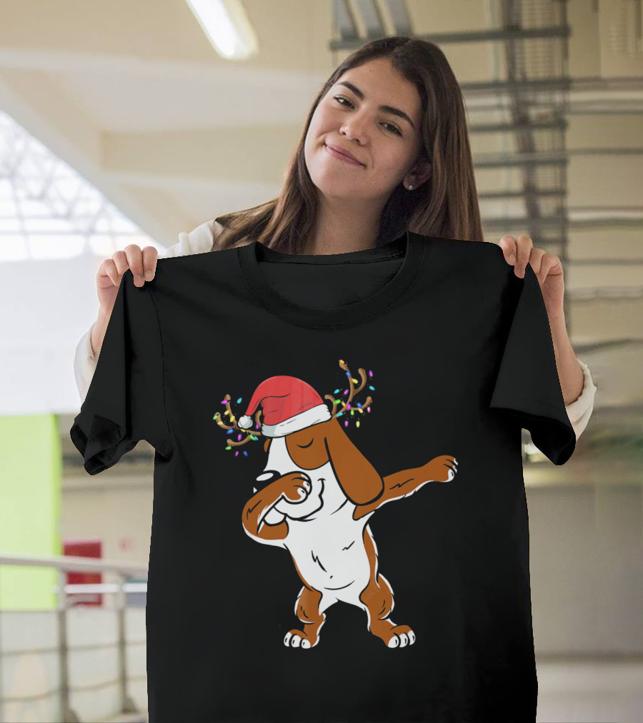 Christmas Basset Hound Reindeer Antlers Santa Hat Dab Dance T-Shirt