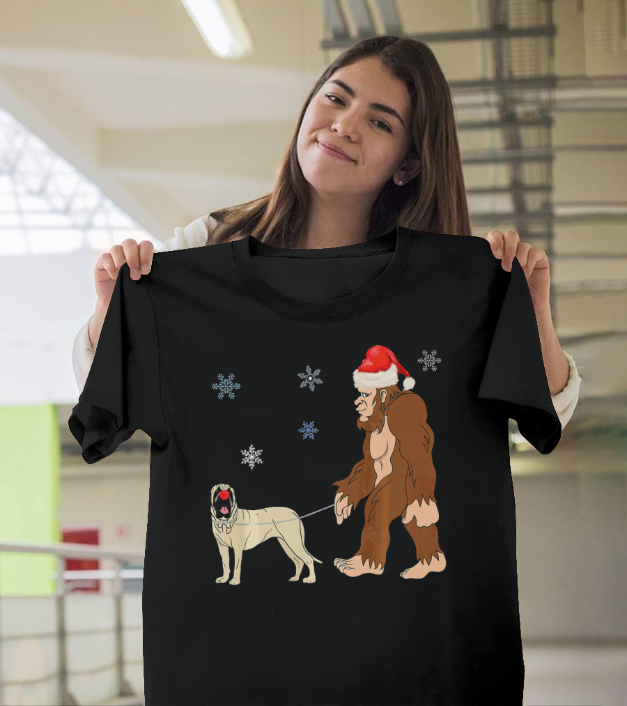 Bigfoot in Santa Hat Walking English Mastiff with Snowflakes T-Shirt