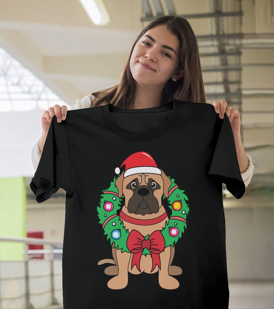 Bullmastiff Santa Hat Christmas Wreath T-Shirt