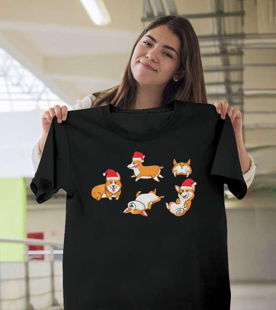 Corgi Xmas Funny Adorable Santa Hat Poses T-Shirt