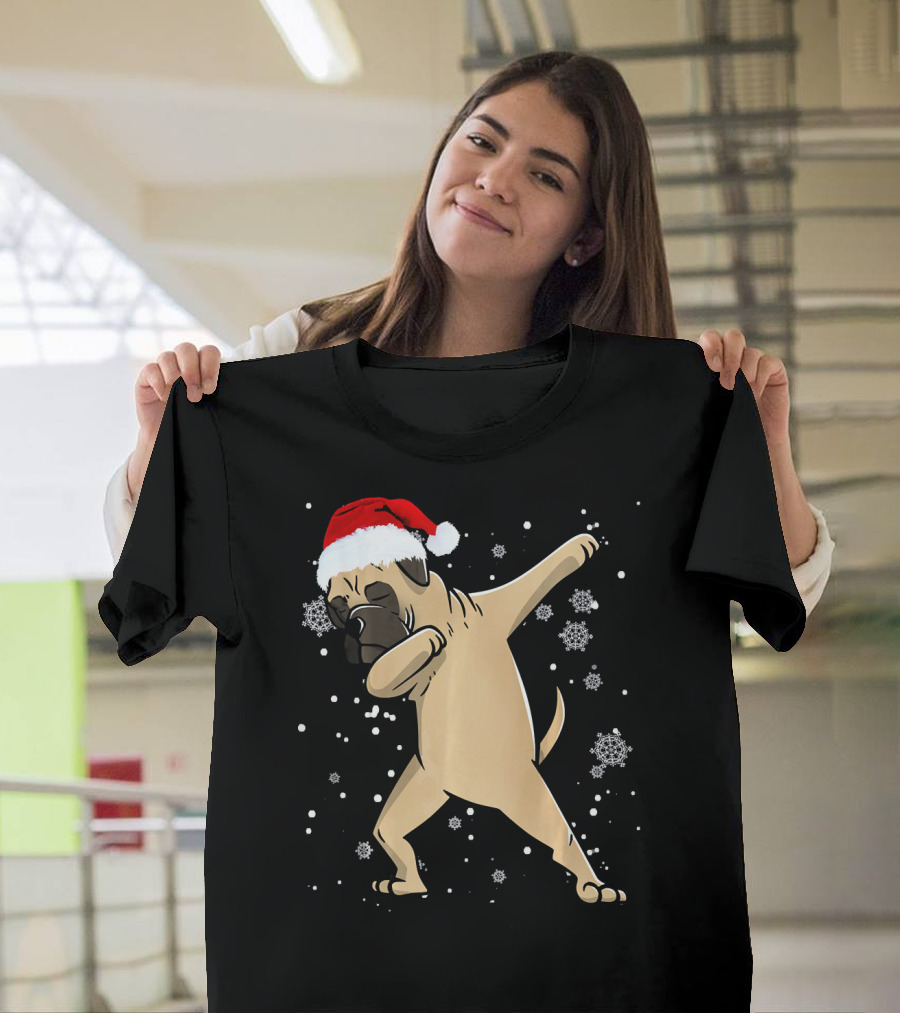 BullMastiff Dabbing Christmas Dog in Santa Hat and Snowflakes T-Shirt
