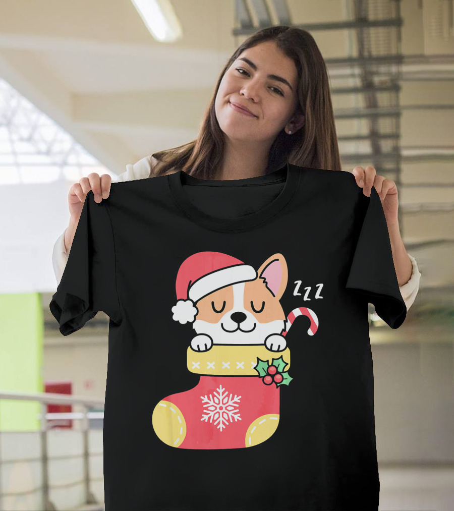 Cute Little Corgi Sleeping in Xmas Sock with Santa Hat and Candy Cane T-Shirt