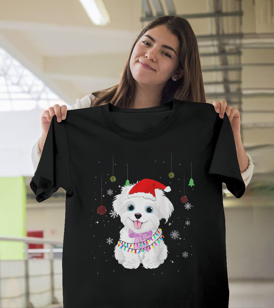 Havanese Dog in Santa Hat with Christmas Lights and Snowflakes T-Shirt