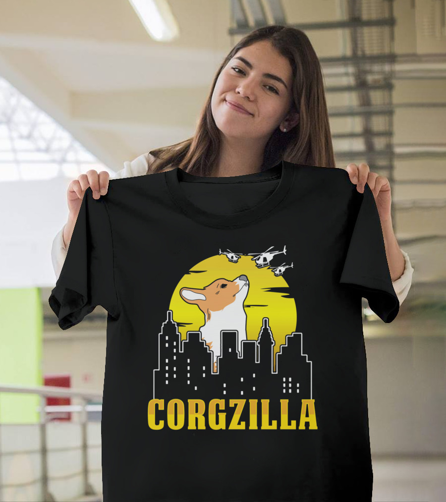 Corgzilla Funny Dog Corgi Cityscape Helicopters Yellow Sky T-Shirt