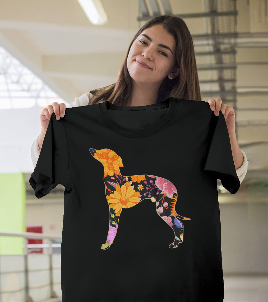 Floral Flower Vintage Retro Italian Greyhound Silhouette with Colorful Bloom T-Shirt