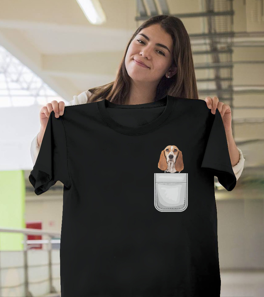 Basset Hound Puppy Dog Head Peeking Out of Pocket T-Shirt