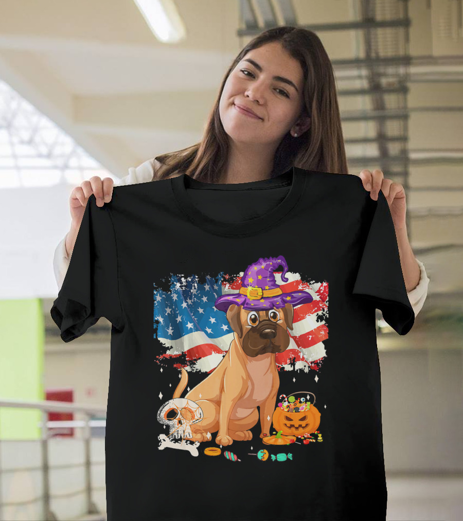 Funny English Mastiff Dog with Witch Hat and Halloween Candy on American Flag T-Shirt