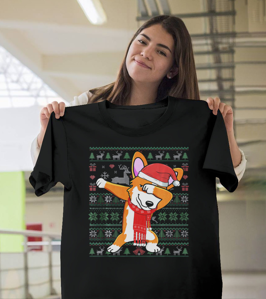 Funny Dabbing Corgi Santa Hat Ugly Xmas T-Shirt