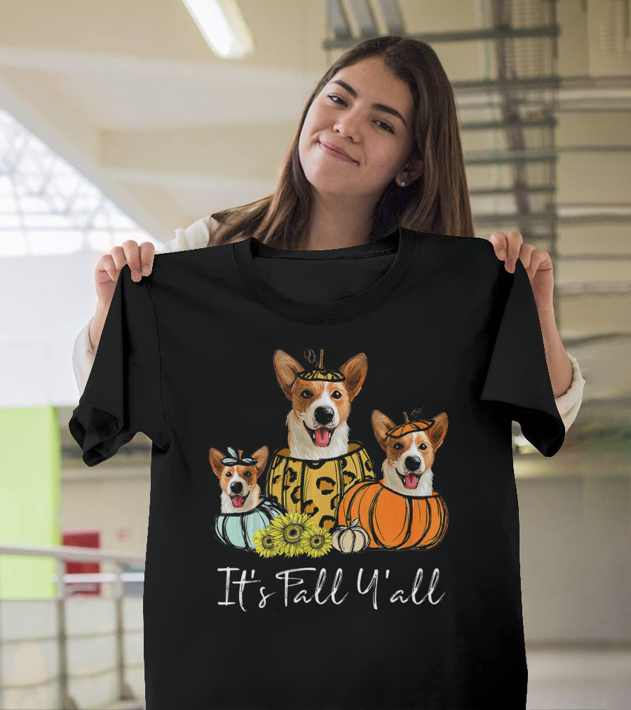 It's Fall Y'all Corgi Dogs with Pumpkins and Sunflowers Thanksgiving Day T-Shirt