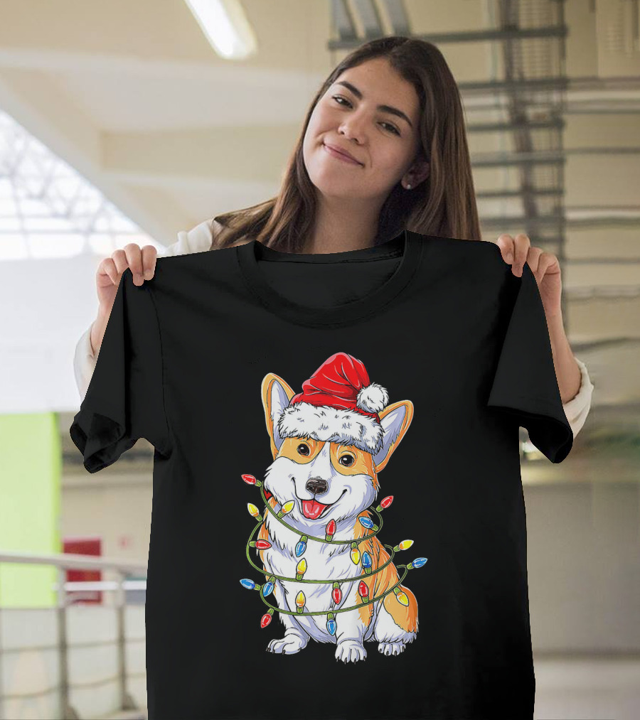 Funny Corgi Christmas Reindeer Santa Hat Lights T-Shirt
