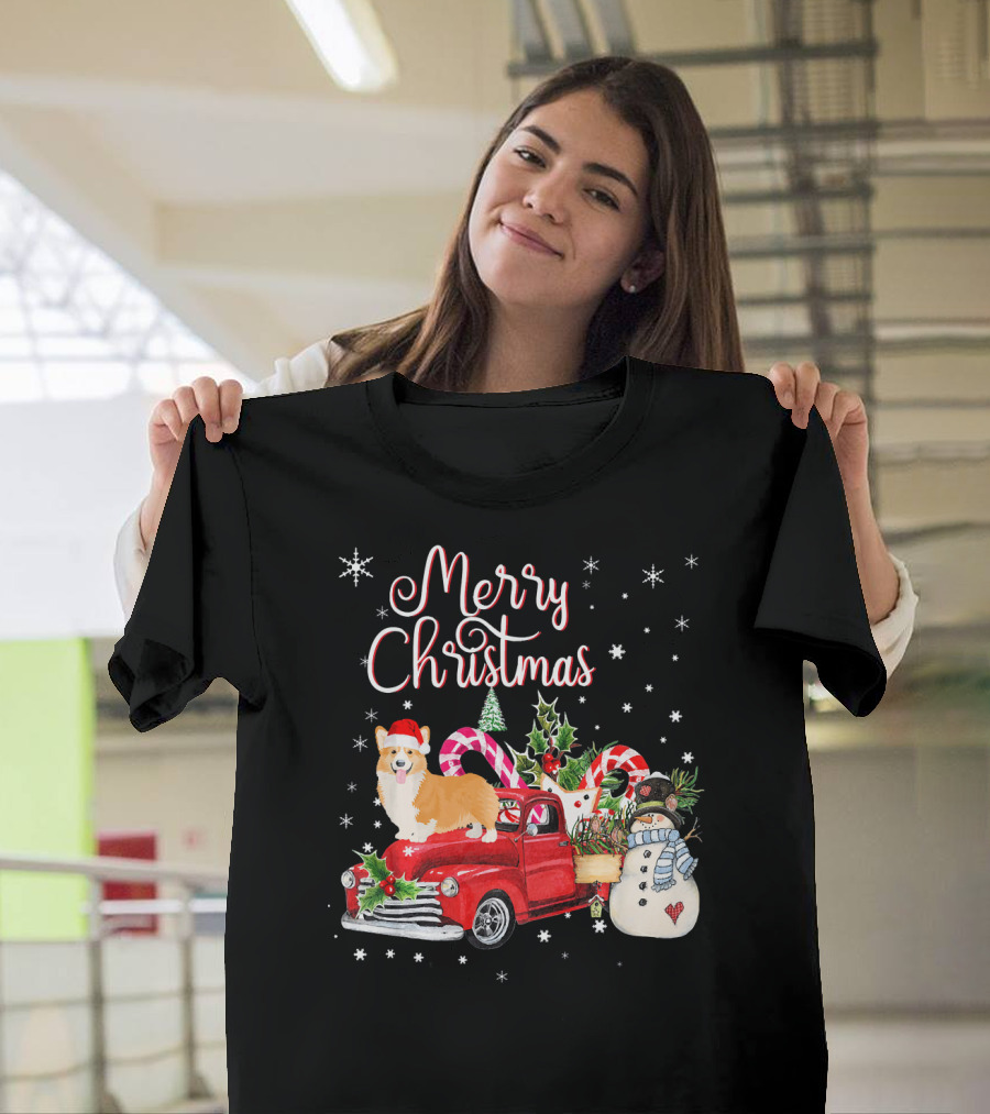 Merry Christmas Corgi on Red Truck with Snowman and Candy Canes T-Shirt