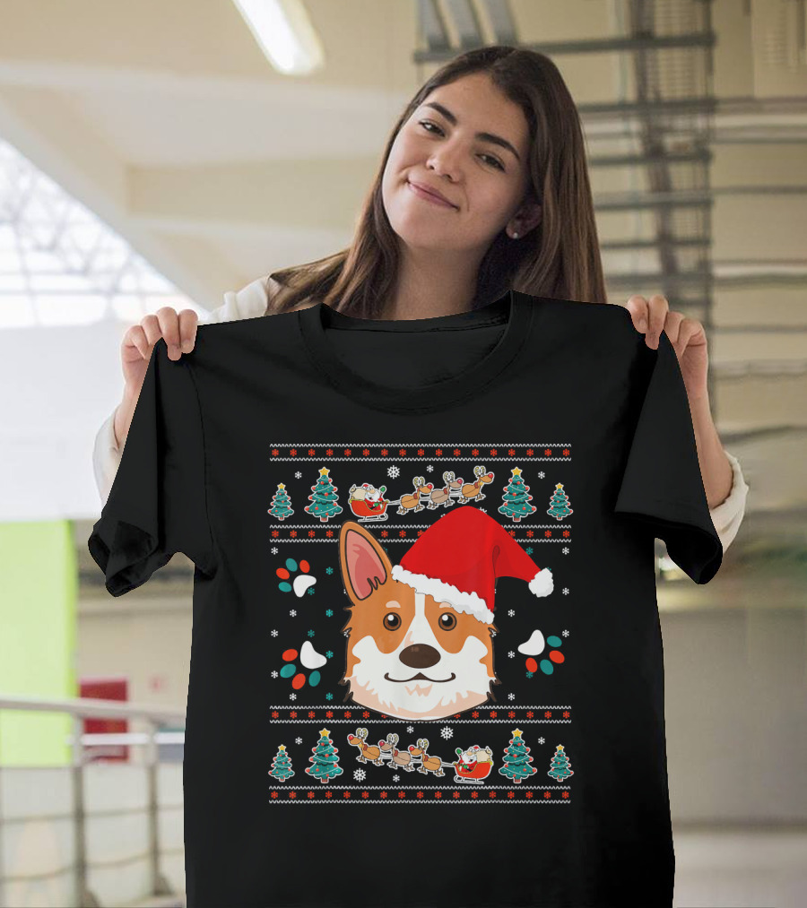 Merry Woofmas Corgi Dog with Santa Hat and Christmas Trees T-Shirt