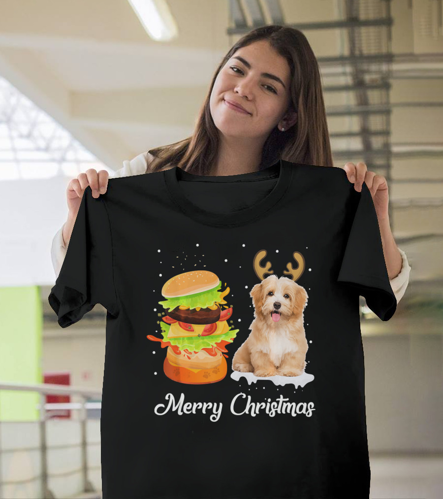 Merry Christmas Havanese Dog with Reindeer Antlers and Burger Stack T-Shirt