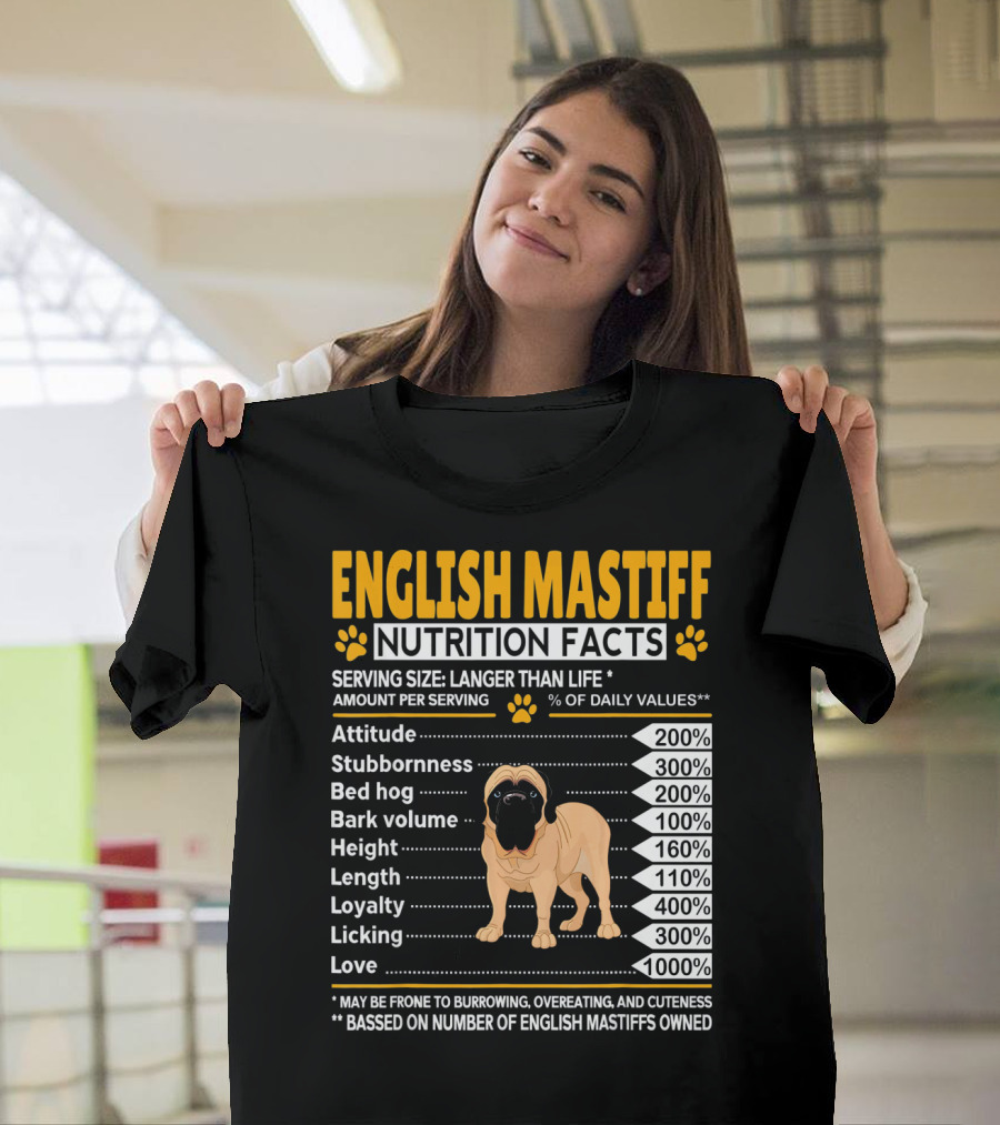 English Mastiff Nutrition Facts Attitude Stubbornness Bed Hog Bark Volume Height Length Loyalty Licking Love T-Shirt