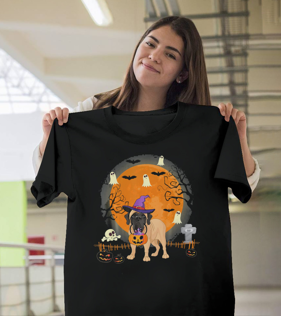 Halloween English Mastiff Witch with Pumpkins and Ghosts T-Shirt