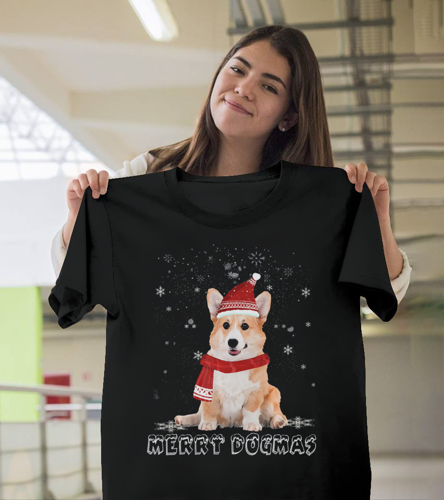 Merry Dogmas Corgi Dog in Santa Hat with Snowflakes T-Shirt