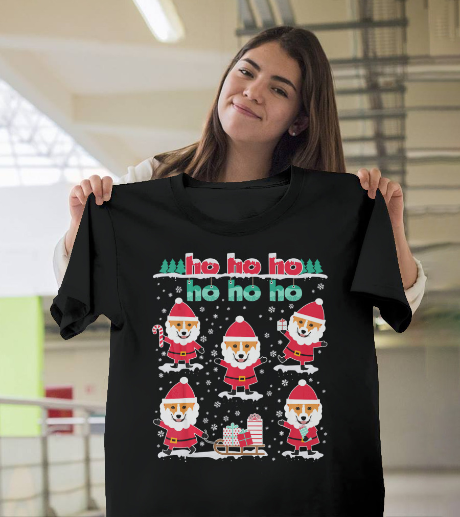 Ho Ho Ho Funny Christmas Santa Claus Corgi with Candy Cane and Presents T-Shirt