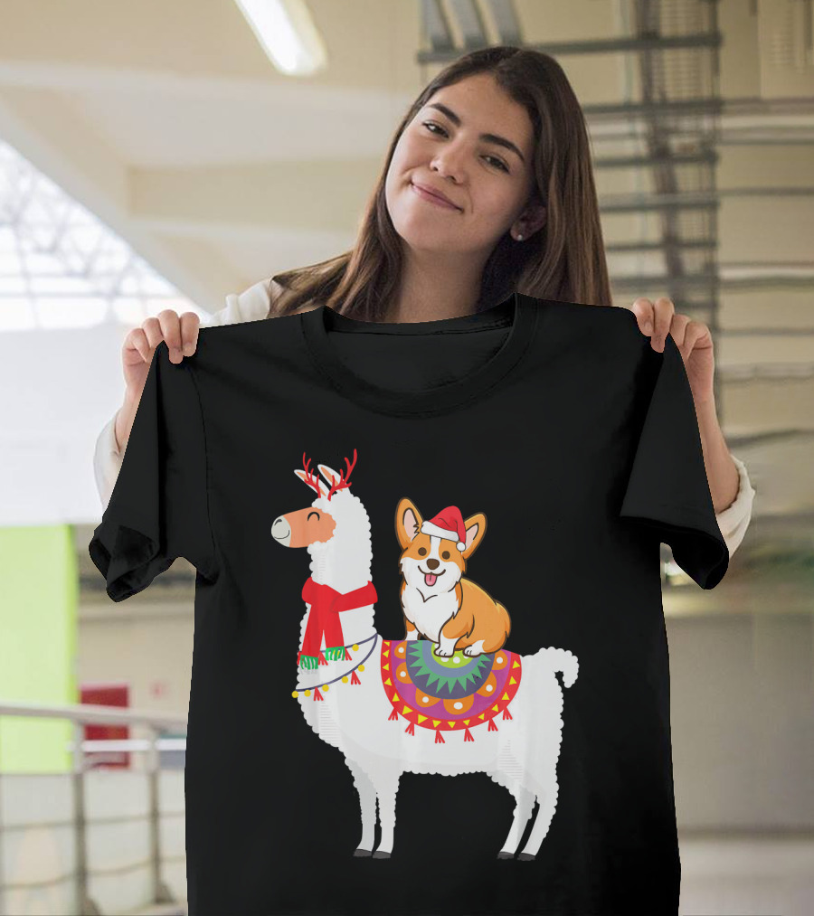 Santa Hat Corgi on Festive Llama with Antlers and Scarf T-Shirt