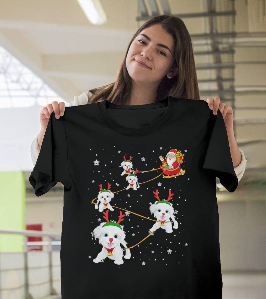 Havanese Dogs Pulling Santa's Sleigh Through Snowflakes T-Shirt