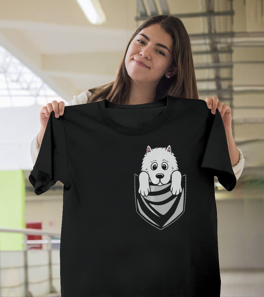 Samoyed Dog Peeking from Striped Breast Pocket T-Shirt