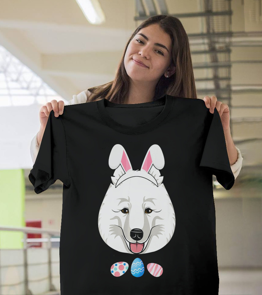 Playful Easter Samoyed with Bunny Ears and Colorful Eggs T-Shirt