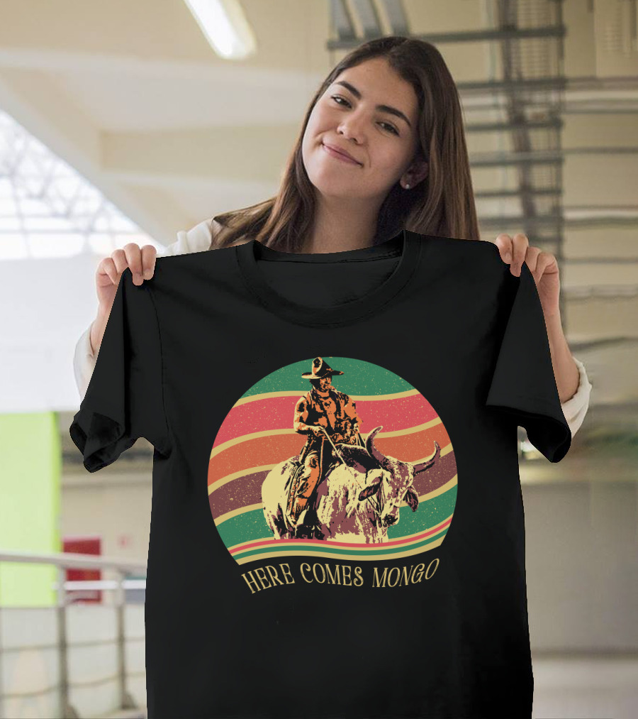 Blazing Saddles Here Comes Mongo Retro Sunset Style Cowboy and Bull T-Shirt