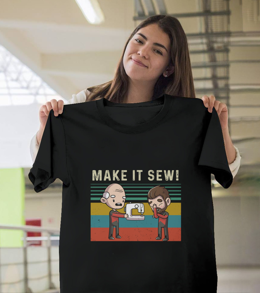 Make It Sew Featuring William Riker And Jean Luc Picard Sewing Machine T-Shirt