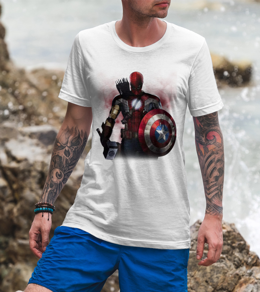 Overpowered Avengers Man Captain America Spider-Man Thor Iron Man Fusion With Shield And Mjolnir T-Shirt