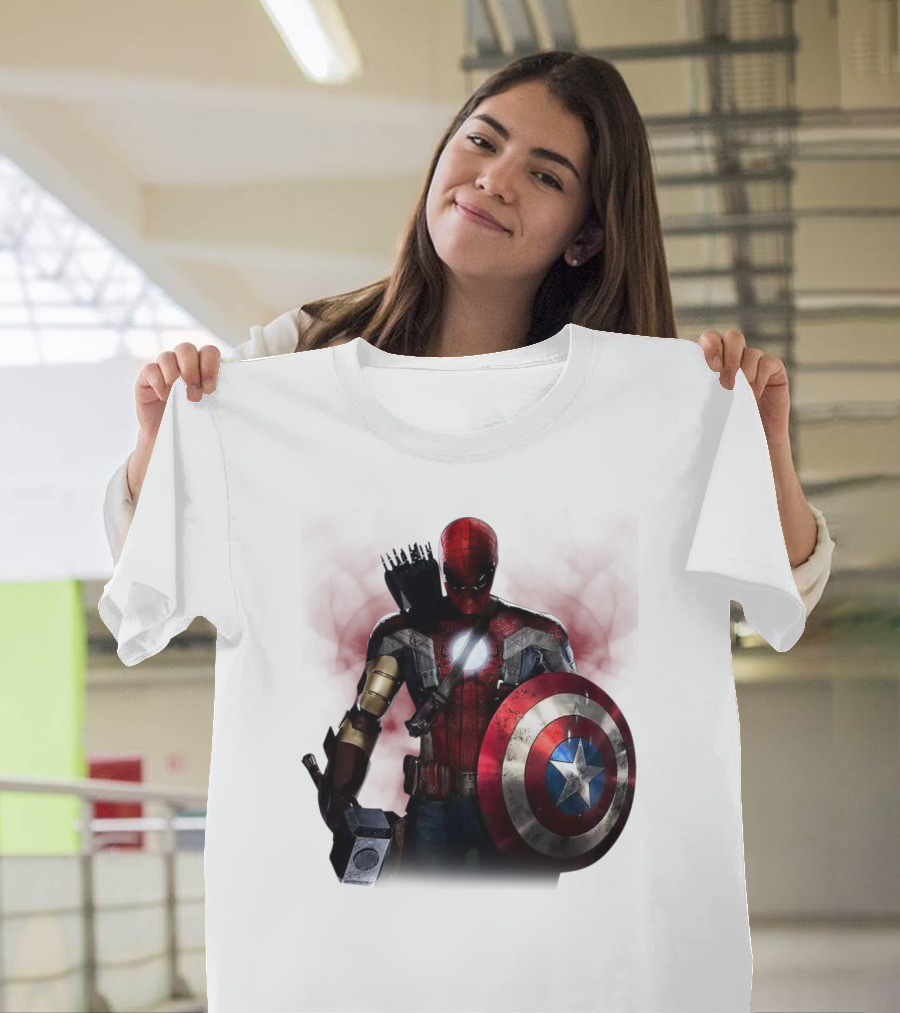Overpowered Avengers Man Captain America Spider-Man Thor Iron Man Fusion With Shield And Mjolnir T-Shirt