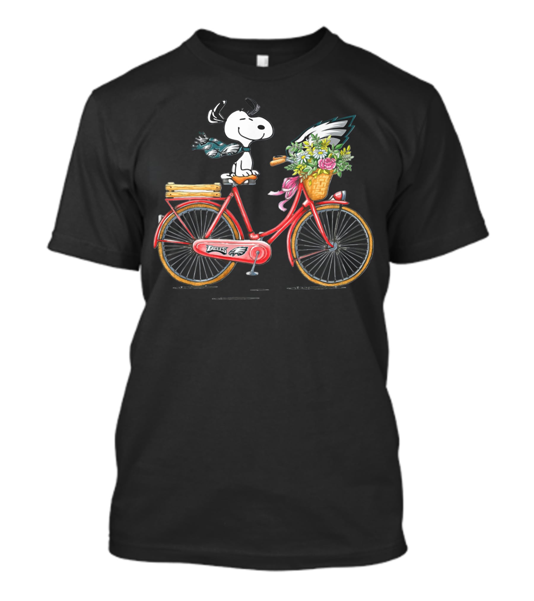 Philadelphia Eagles Snoopy Bicycle Ride With Flowers And Scarf T-Shirt