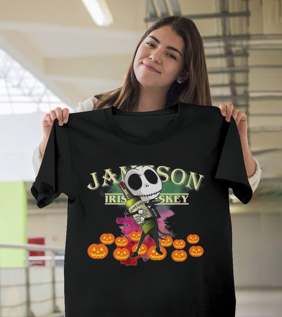 Jack Skellington Hugging Jameson Irish Whiskey Bottle Surrounded by Pumpkins T-Shirt