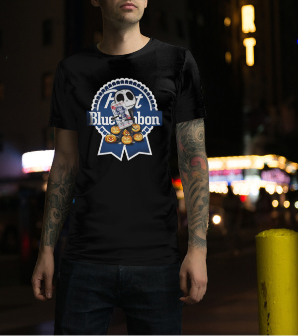 Jack Skellington With Pabst Blue Ribbon Embrace Surrounded By Pumpkin T-Shirt