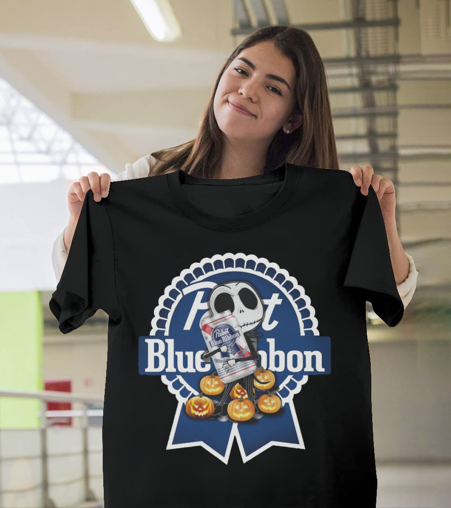 Jack Skellington with Pabst Blue Ribbon Embrace Surrounded by Pumpkin T-Shirt
