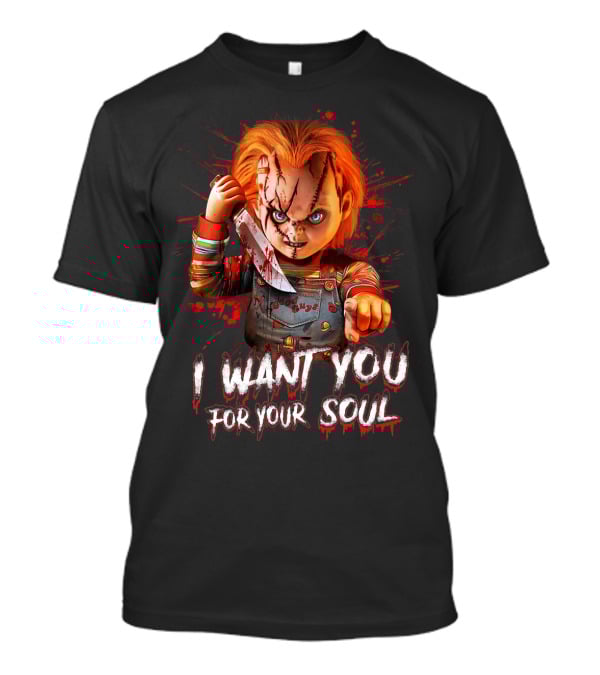 Chucky Horror Character With Knife I Want You For Your Soul T-Shirt