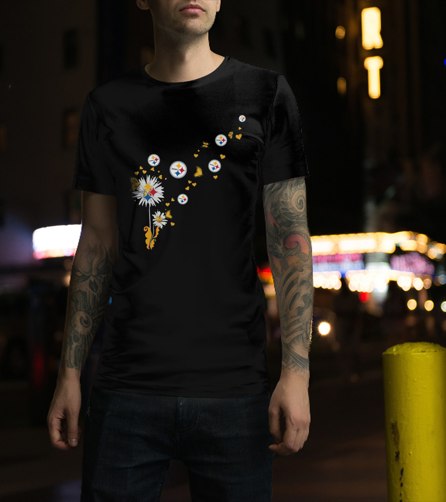 Dandelion With Pittsburgh Steelers Logo And Butterflies T-Shirt
