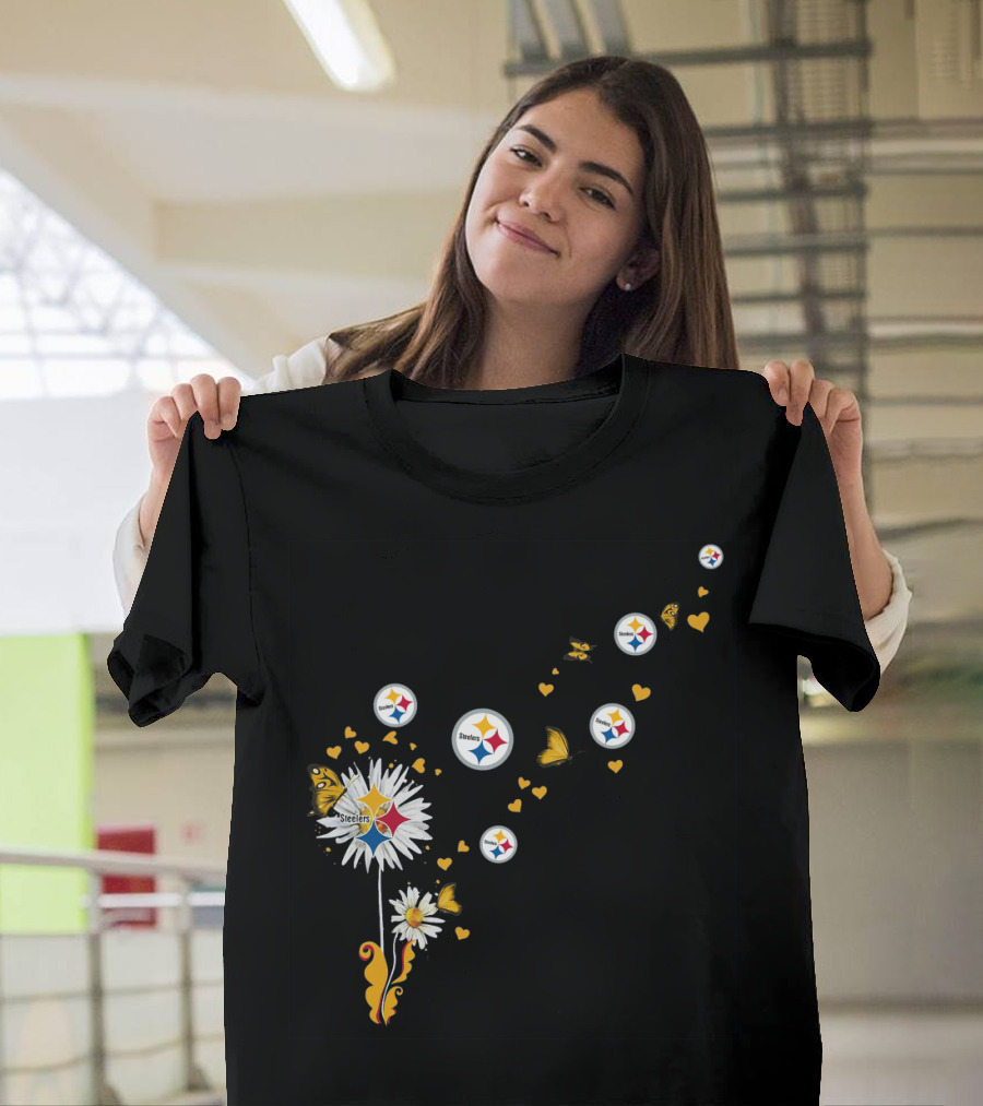Dandelion With Pittsburgh Steelers Logo And Butterflies T-Shirt