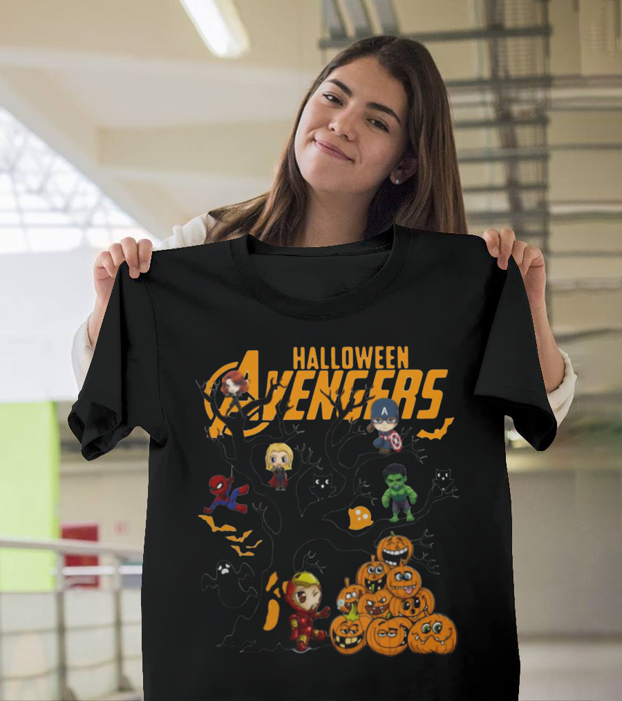 Chibi Halloween Avengers Characters with Pumpkins and Ghosts T-Shirt