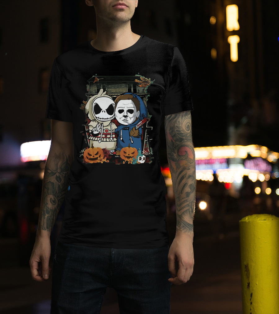 Jack Skellington And Michael Myers Halloween Crossover With Haunted House And Pumpkins T-Shirt