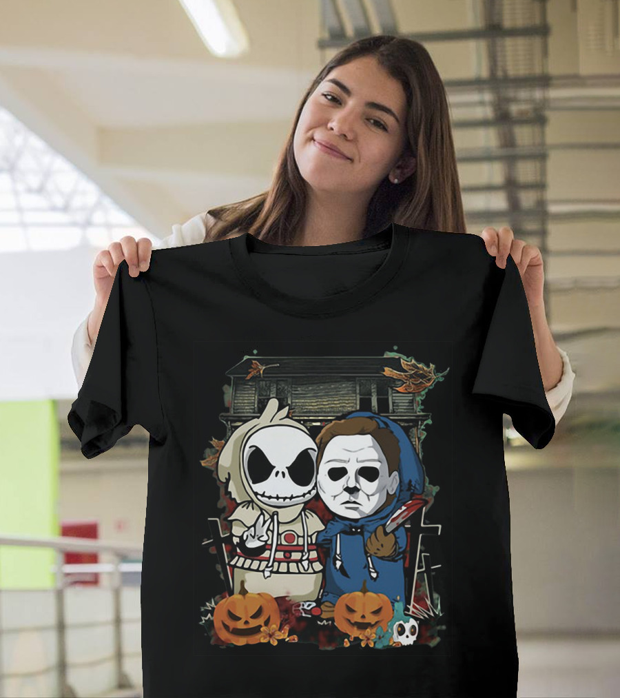 Jack Skellington And Michael Myers Halloween Crossover With Haunted House And Pumpkins T-Shirt