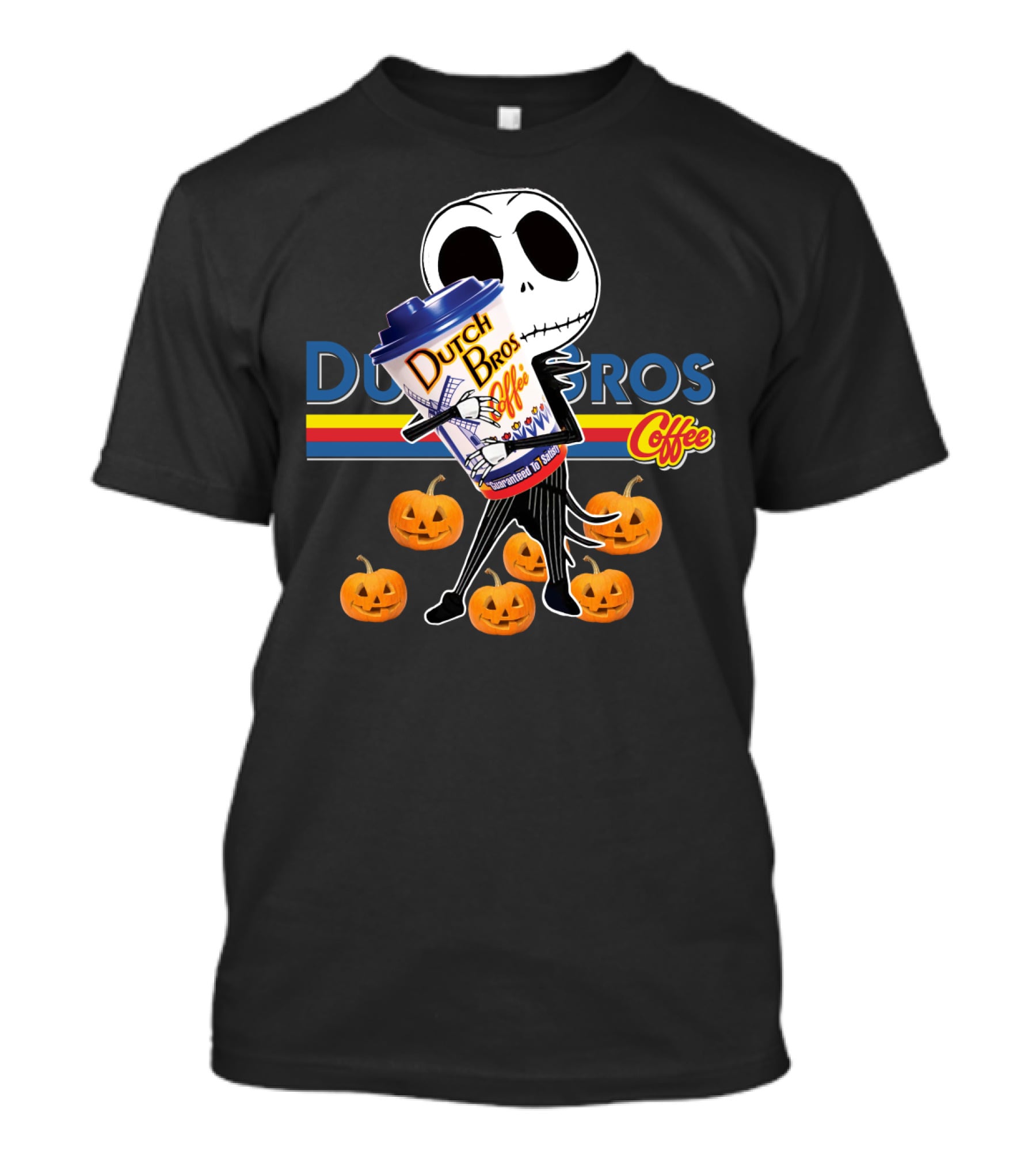 Jack Skellington Holding Dutch Bros Coffee Cup Surrounded By Pumpkins T-Shirt