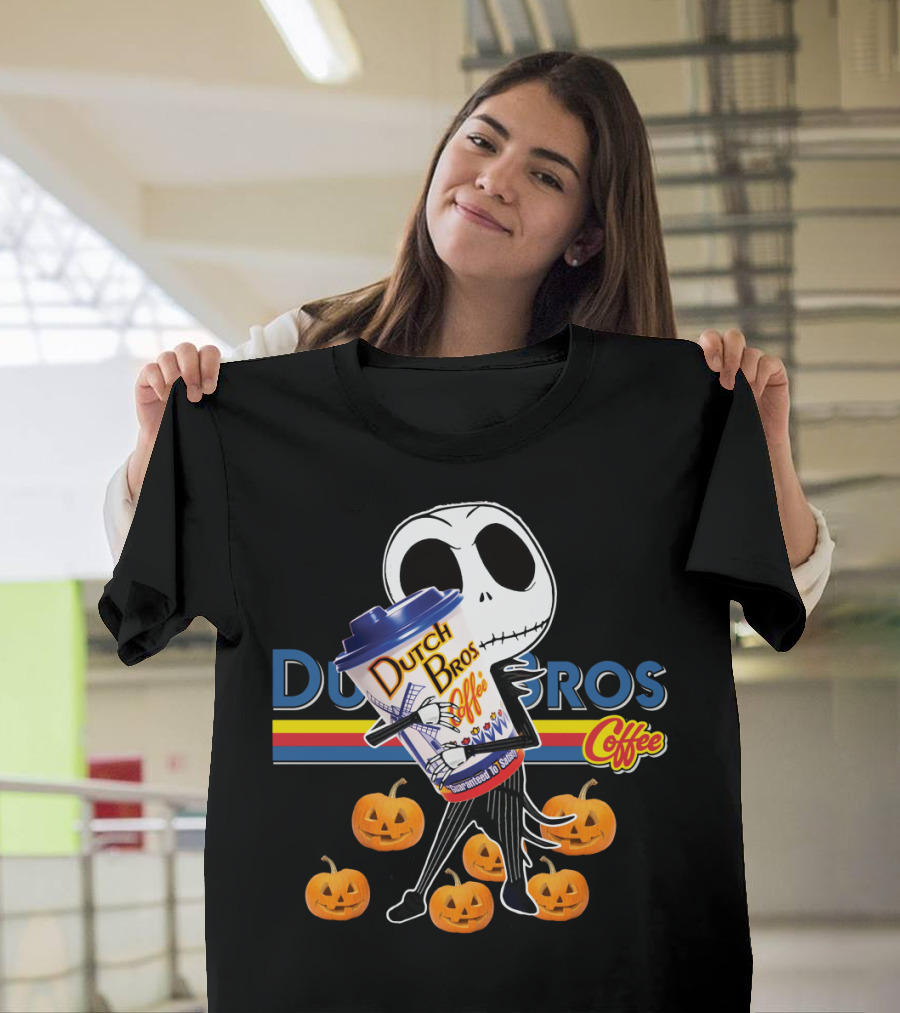 Jack Skellington Holding Dutch Bros Coffee Cup Surrounded By Pumpkins T-Shirt