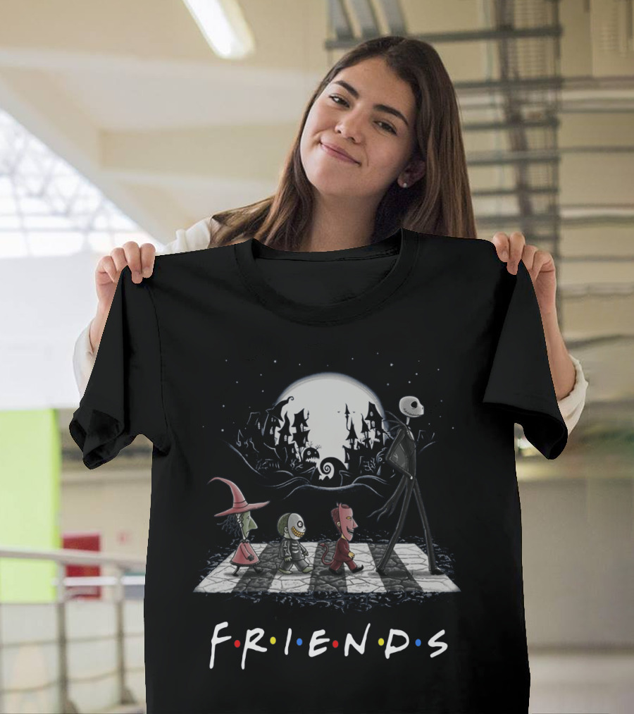 Friends Nightmare Before Christmas Characters Abbey Road Parody with Full Moon Background T-Shirt