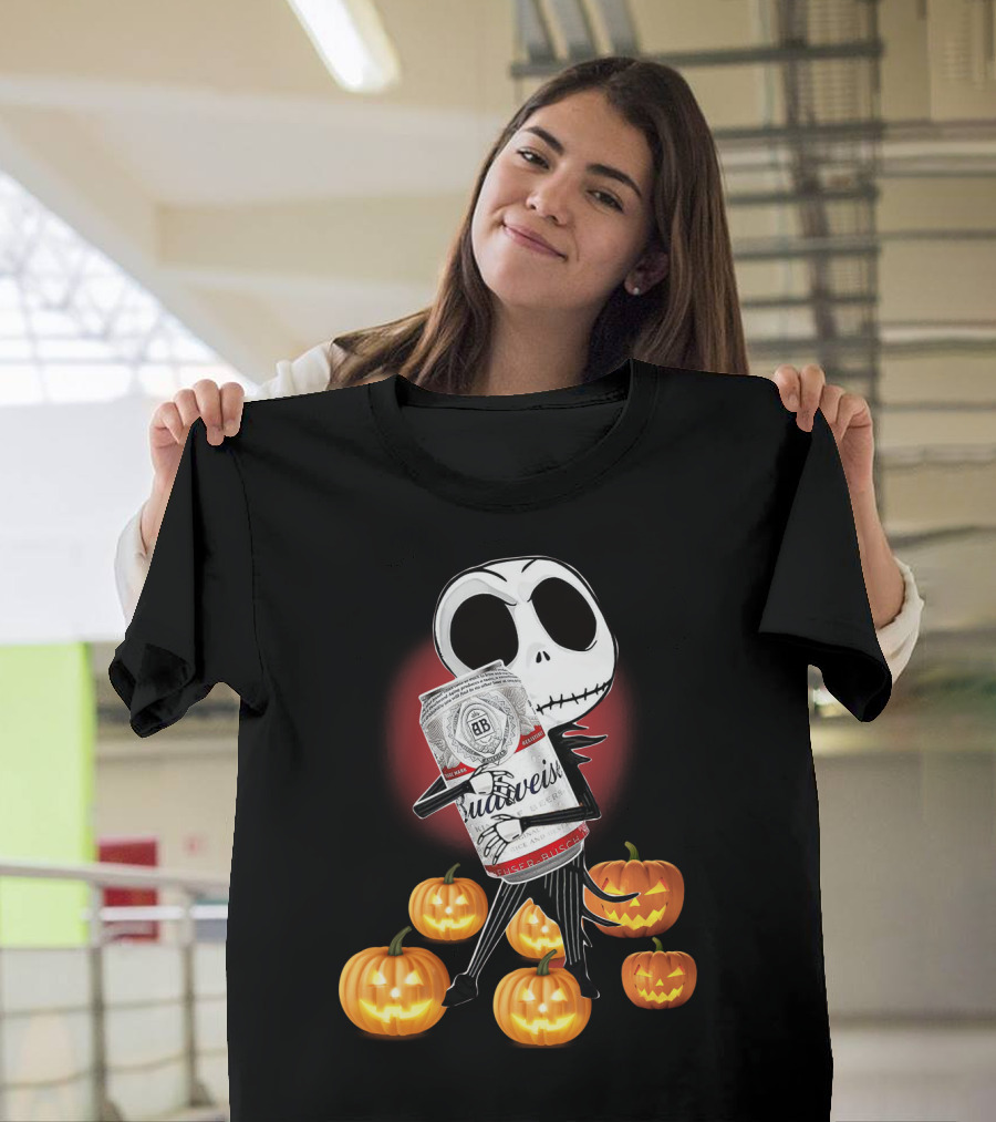 Budweiser Halloween Jack Skellington with Pumpkins and Red Glow T-Shirt