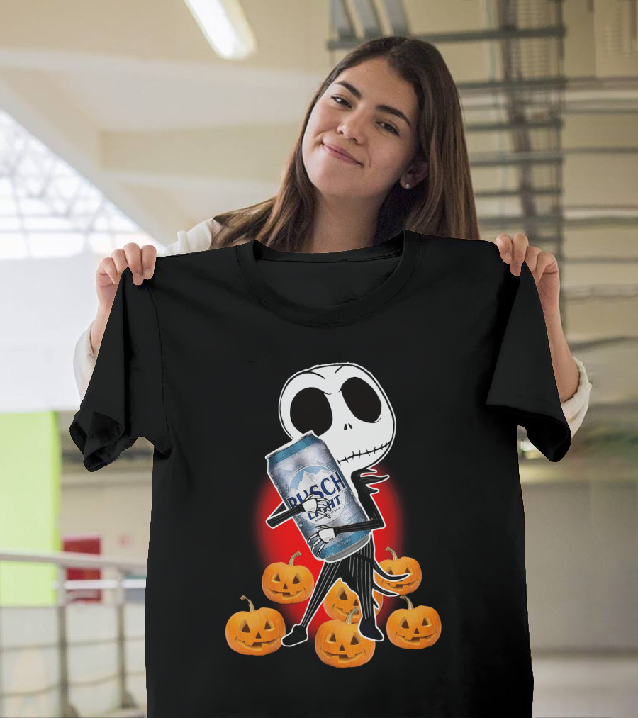 Jack Skellington Hugging Busch Light Surrounded by Jack-O'-Lanterns T-Shirt