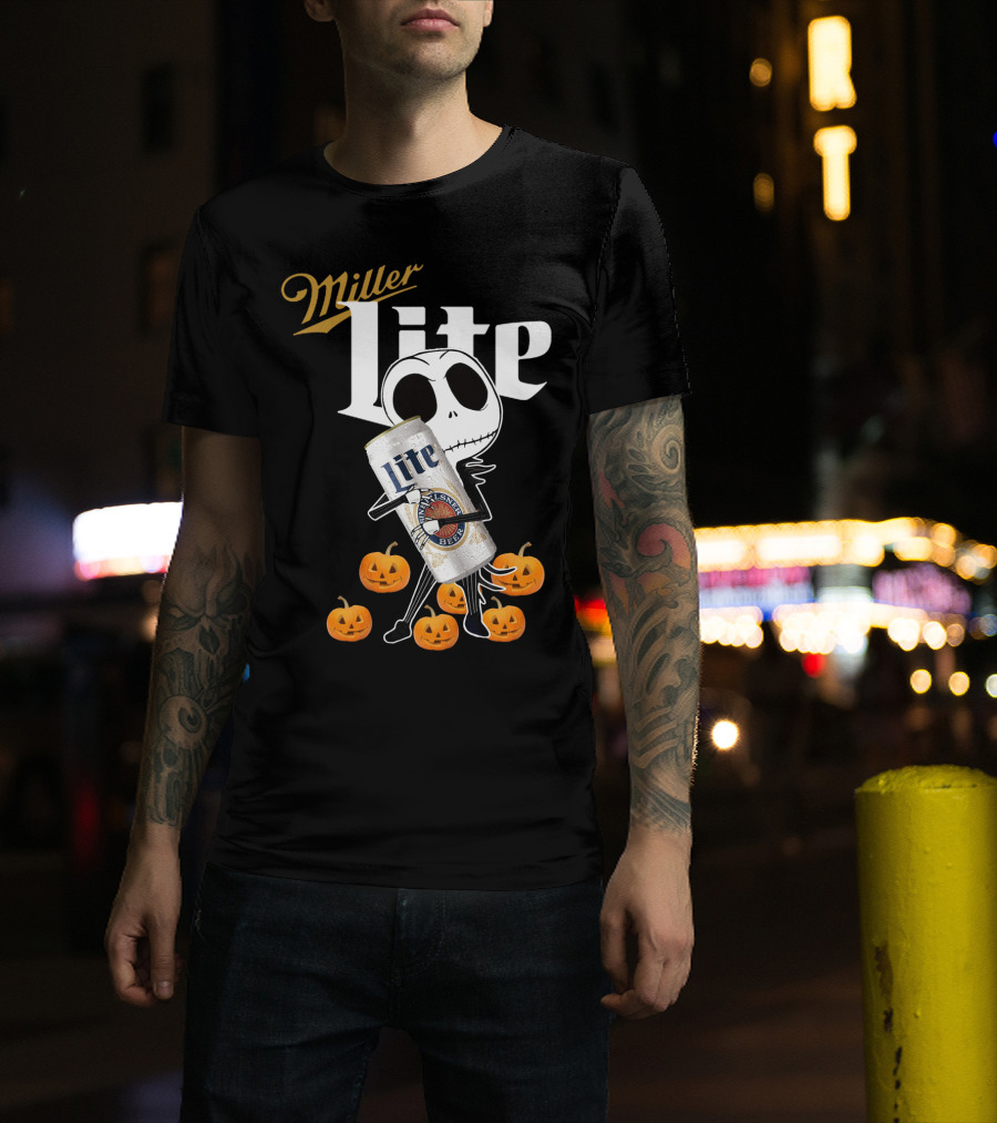 Jack Skellington Holding Miller Lite Surrounded By Pumpkins T-Shirt