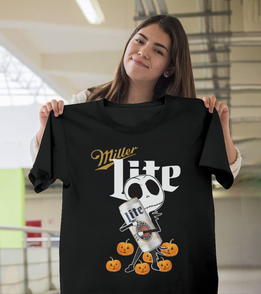 Jack Skellington Holding Miller Lite Surrounded by Pumpkins T-Shirt