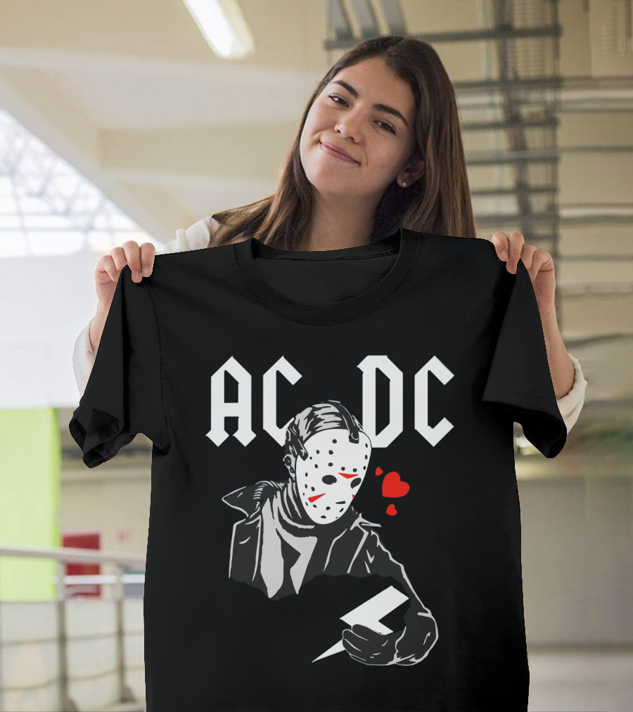 Acdc Jason Voorhees Mask Holding Lightning Bolt With Hearts T-Shirt