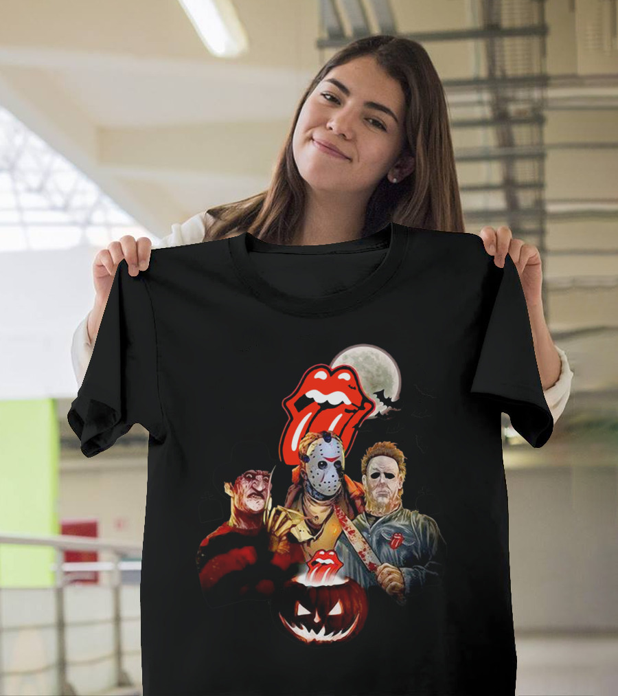Michael Myers Voorhees Freddy Horror Mashup Halloween Moon Pumpkins Bats Tongue T-Shirt