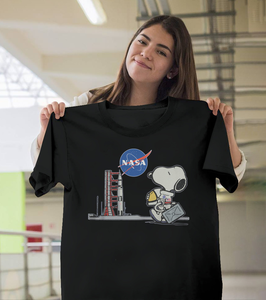 NASA Snoopy Astronaut Moon Mission Graphic with Rocket and Helm T-Shirt